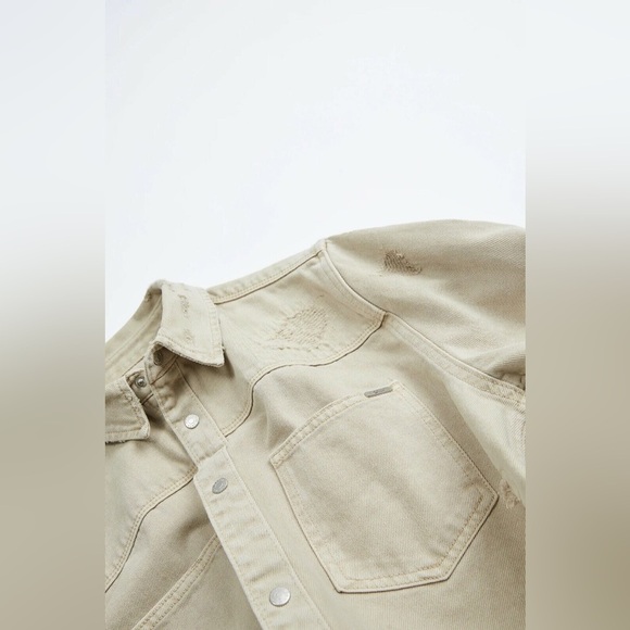 Zara Denim Overshirt Men's‎ Size Medium Khaki Tan Ripped Distressed - Picture 13 of 16